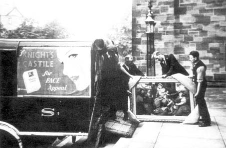 Photograph: One of the National Gallery paintings being loaded on to an LMS lorry for transfer from the Pritchard Jones Hall at UCNW, Bangor to Manod Quarry. [National Gallery].