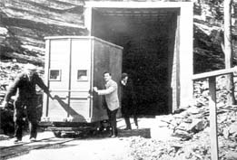 Photograph: A rail car used for transporting paintings at
the entrance to Manod Quarry. [National Gallery].