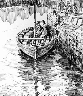 Drawing: Slates being loaded on to a traditional boat, by Gareth Parry.