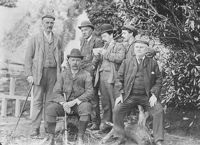 Photograph: Officials from Llechwedd Quarry including: R.G. Humphreys, clerk, Cad. Humphreys, clerk, John Roberts [?], Brynllys, William Humphreys, treasurer, William Owen, Plas Waenydd, supervisor.