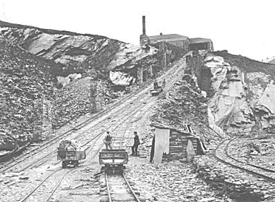 Photograph: The incline at Llechwedd Quarry, Blaenau Ffestiniog, with various waggons.