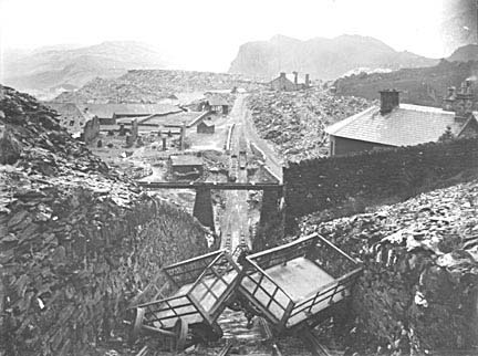 Photograph: De-railed wagons on the  middle incline at Rhiw Bach quarry, Blaenau Ffestiniog.