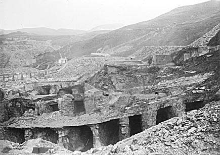Photograph: Underground chambers and supporting pillars as seen from the surface at Votty and Bowydd Slate Quarries, Blaenau Ffestiniog.