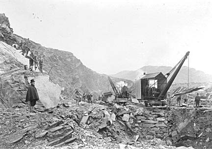 Photograph: Steam Crane at Work in the "Fall", Oakeley Quarries, Blaenau Ffestiniog.