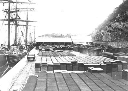Photograph: Slates on [Porthmadog] quay awaiting loading.