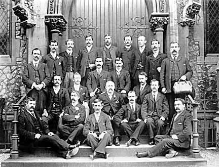 Photograph: The Bethesda Choir which toured the country during 1900-03 strike, with the treasurer, Mr Jeremiah Thomas, holding the bag in which the takings were carried.