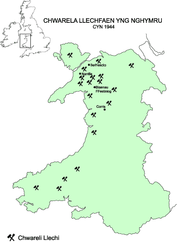 Map: Chwarela Llechfaen yng Nghymru Cyn 1944 