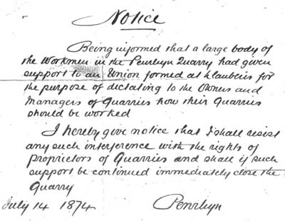 A draft notice by Lord Penrhyn warning quarrymen not to support the Quarrymen's Union, University of Wales, Bangor