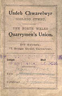 Cerdyn aelodaeth Undeb Chwarelwyr Gogledd Cymru, 1921