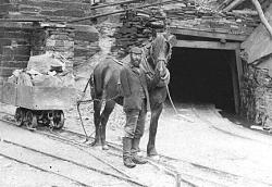 Chwarelwr gydag un fraich yn sefyll gyda cheffyl mewn chwarel. (c) Llyfrgell Genedlaethol Cymru.