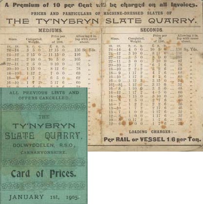 Ty'nybryn Slate Quarry Price Card, 1905