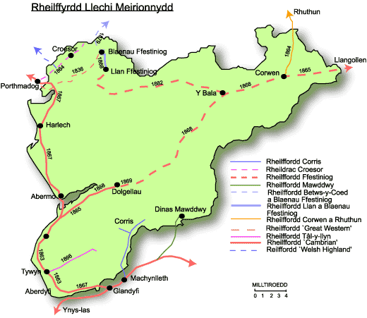 Map rheilffyrdd Llechi Meirionnydd