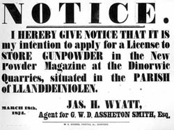 Hysbysiad bod Chwarel Dinorwig yn ceisio cael trwydded i gadw powdwr du, 1874.