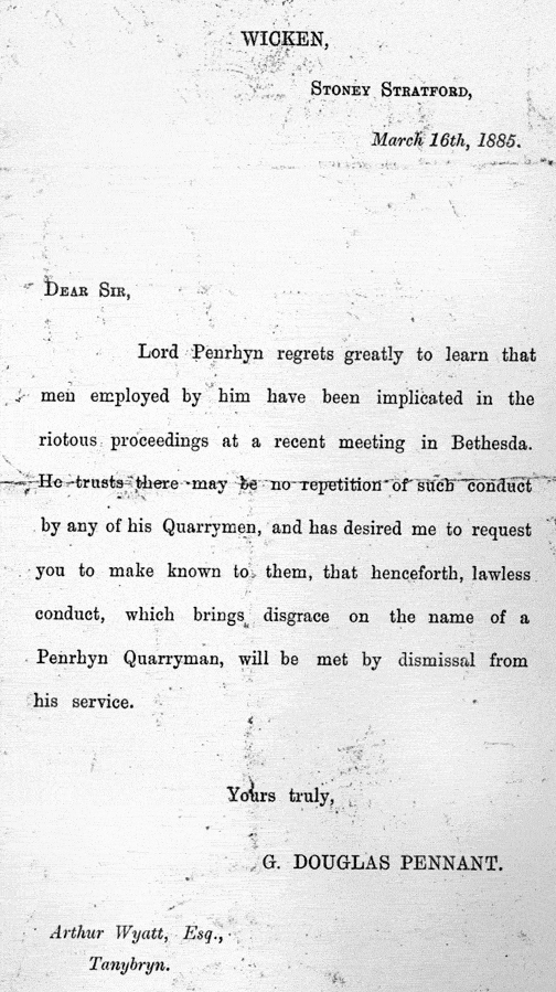 XM7004/3: Letter: Letter by G. Douglas Pennant, Lord Penrhyn, relating to the behaviour of quarrymen at a meeting in Bethesda.
