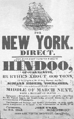 Hysbyseb yn cynnig teithiau ar y llong Hindoo yn teithio rhwng Caernarfon ac Efrog Newydd, 1 Chwefror 1843