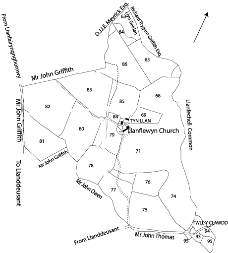 Map o ardal Llanfflewyn, lleoliad chwarel lechi ar Sir Fôn. [Prifysgol Cymru, Bangor]