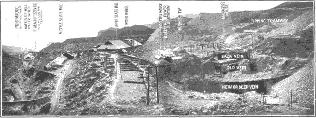 Ffotograff o chwarel yn Ffestiniog yn dangos y gwahanol wythiennau.