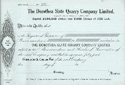 An unissued share certificate of the Dorothea Slate Quarry Co., 1950s