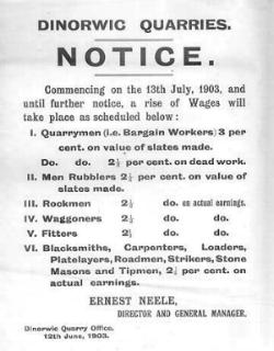 Codiad cyflog o 3% i fargeinwyr, 2.5% i'r gweddill yn Chwarel Dinorwig, Llanberis, 1903.