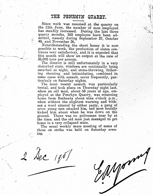 XPQ/100/85 - The Penrhyn Quarry - the situation at Penrhyn Quarry and Bethesda during the 1900-1903 quarrymen's strike.