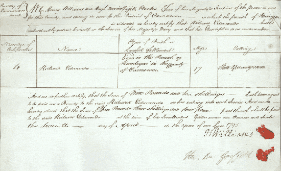 XQS1795/36 - Dogfen Chwarter Sesiwn yn dangos bod cyn chwarelwr wedi ymuno a'r Llynges.