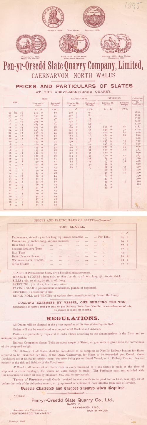 Pen-yr-Orsedd Slate Quarry price list