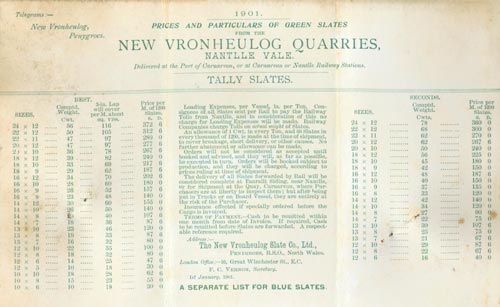 New Vronheulog Quarries' price list.